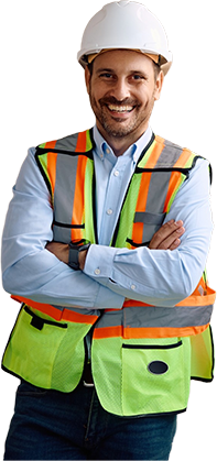 Construction worker wearing a hard hat and high-visibility safety vest