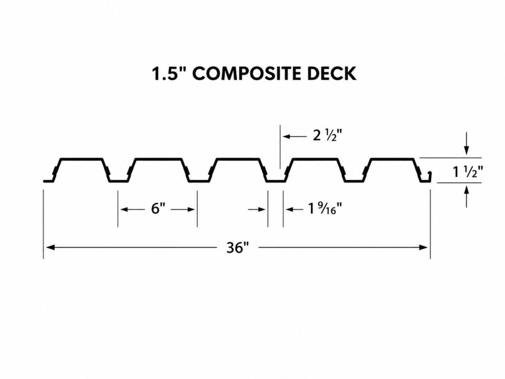 1.5-inch composite steel deck profile with 36-inch width and dimensional specifications