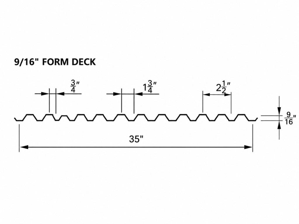 9/16-inch form steel deck profile with 35-inch width and dimensional specifications