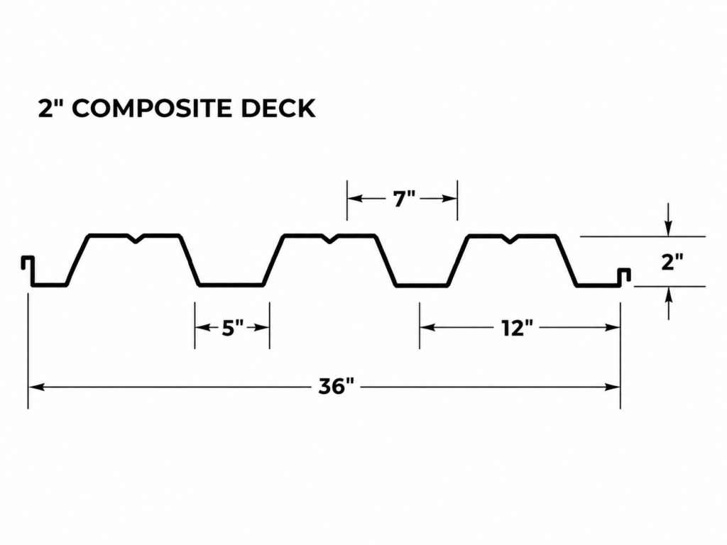 2-inch composite steel deck profile with 36-inch width and dimensional specifications