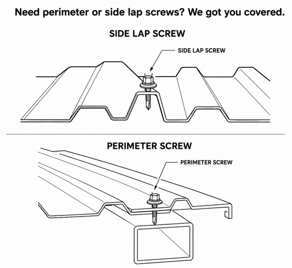 Diagram showing side lap screw and perimeter screw installation for metal steel decking